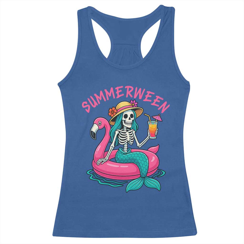Summerween Skeleton Mermaid Racerback Tank Top Flamingo Float Funny Spooky Summer Halloween Vibes - Wonder Print Shop