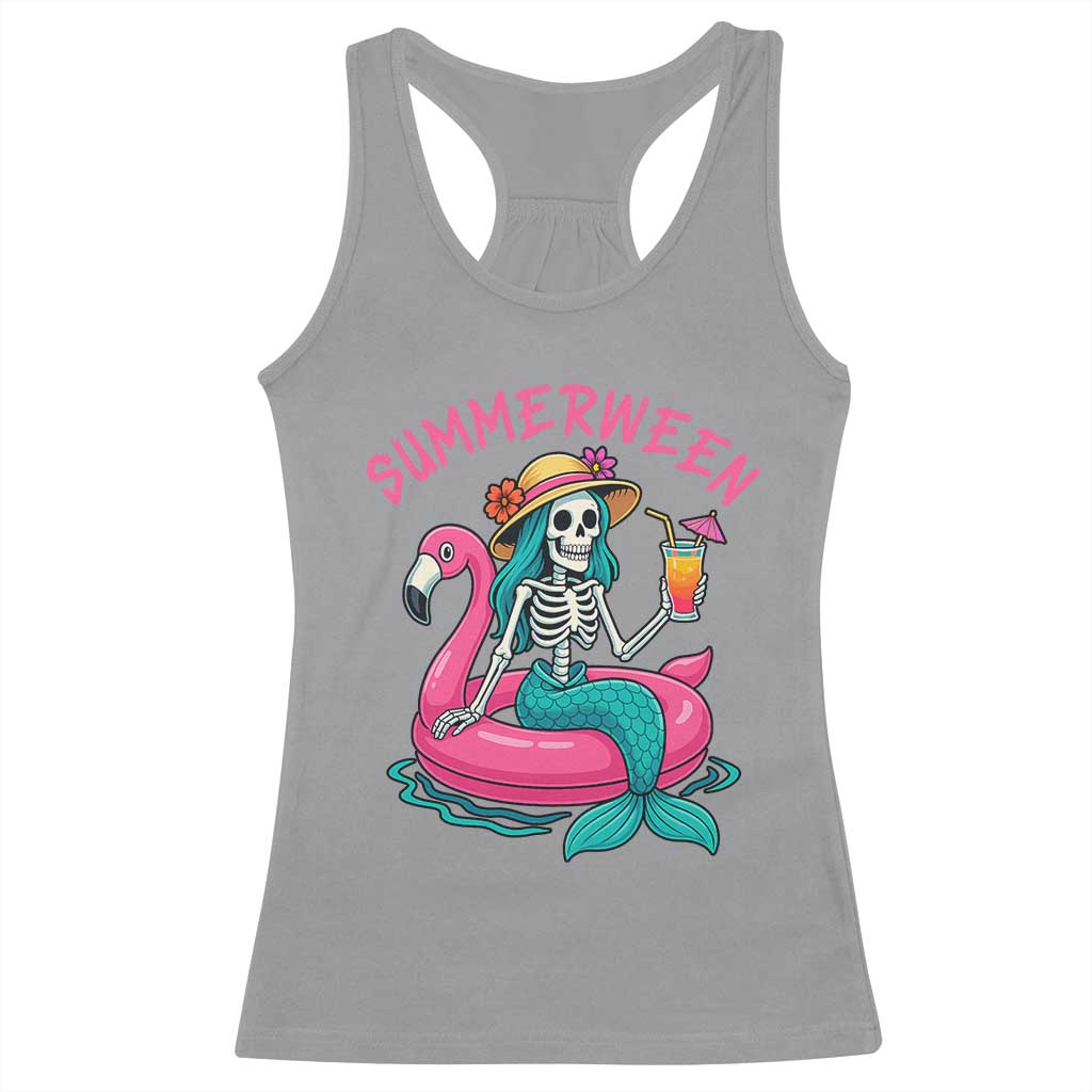 Summerween Skeleton Mermaid Racerback Tank Top Flamingo Float Funny Spooky Summer Halloween Vibes - Wonder Print Shop
