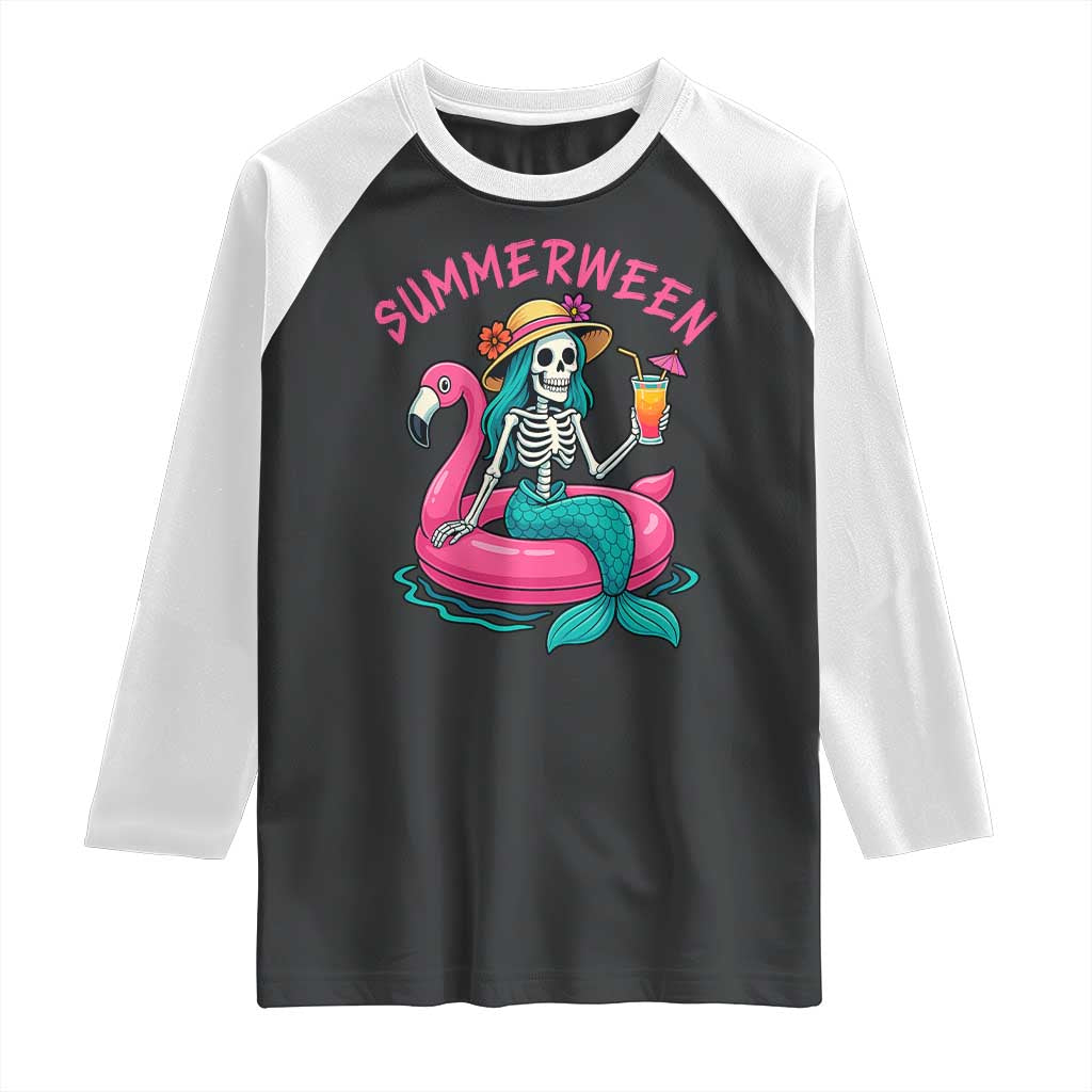 Summerween Skeleton Mermaid Raglan Shirt Flamingo Float Funny Spooky Summer Halloween Vibes - Wonder Print Shop