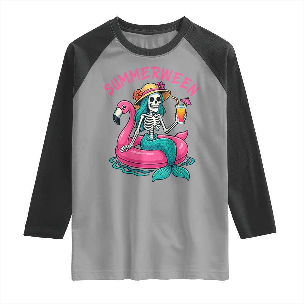 Summerween Skeleton Mermaid Raglan Shirt Flamingo Float Funny Spooky Summer Halloween Vibes - Wonder Print Shop