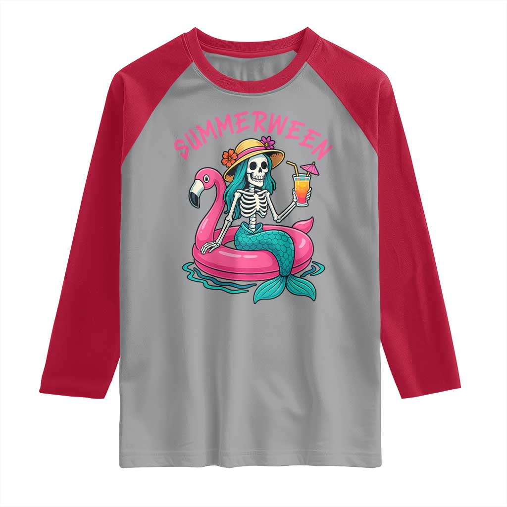 Summerween Skeleton Mermaid Raglan Shirt Flamingo Float Funny Spooky Summer Halloween Vibes - Wonder Print Shop