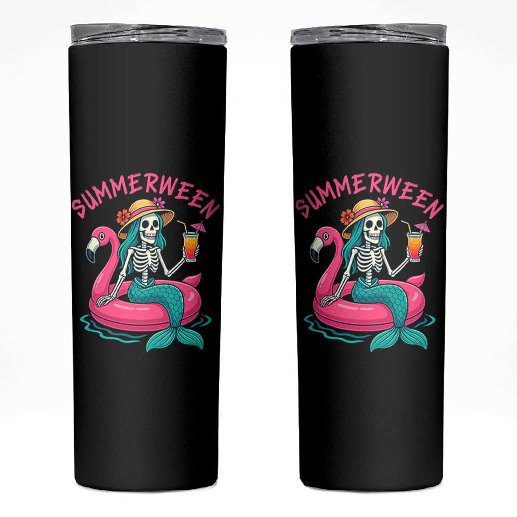 Summerween Skeleton Mermaid Skinny Tumbler Flamingo Float Funny Spooky Summer Halloween Vibes - Wonder Print Shop