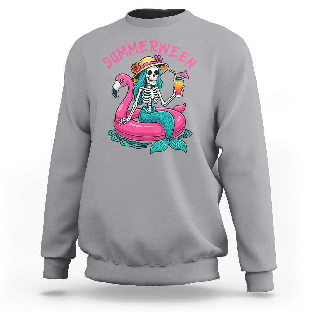 Summerween Skeleton Mermaid Sweatshirt Flamingo Float Funny Spooky Summer Halloween Vibes - Wonder Print Shop