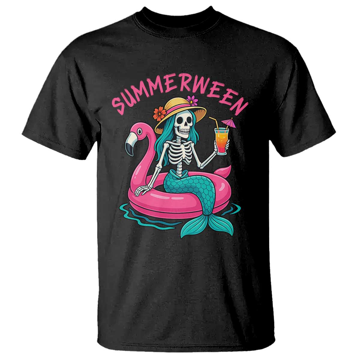 Summerween Skeleton Mermaid T Shirt Flamingo Float Funny Spooky Summer Halloween Vibes - Wonder Print Shop