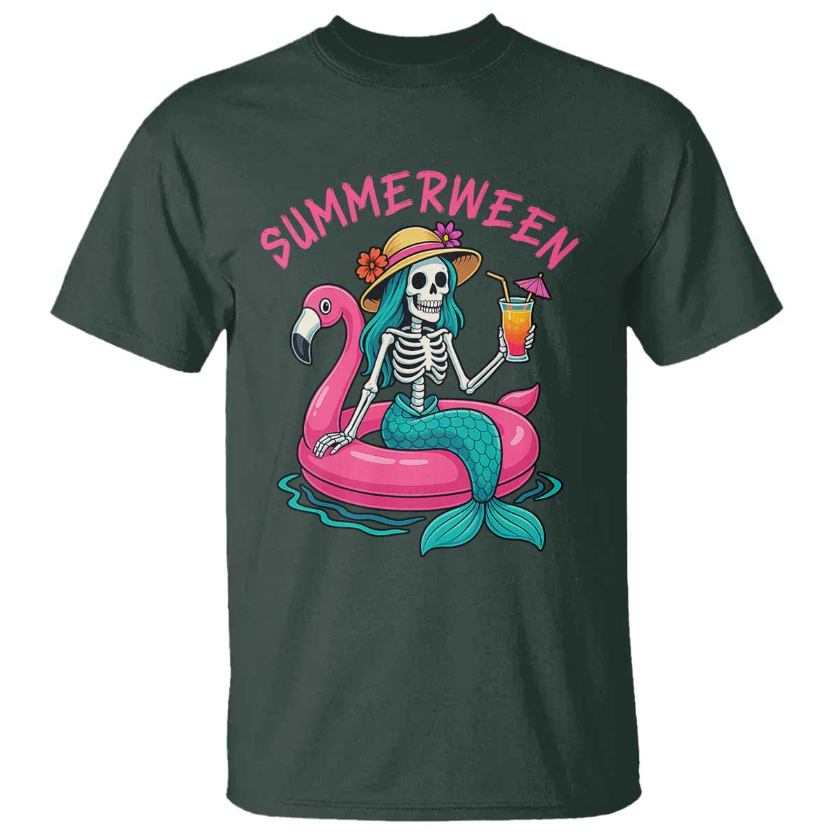 Summerween Skeleton Mermaid T Shirt Flamingo Float Funny Spooky Summer Halloween Vibes - Wonder Print Shop