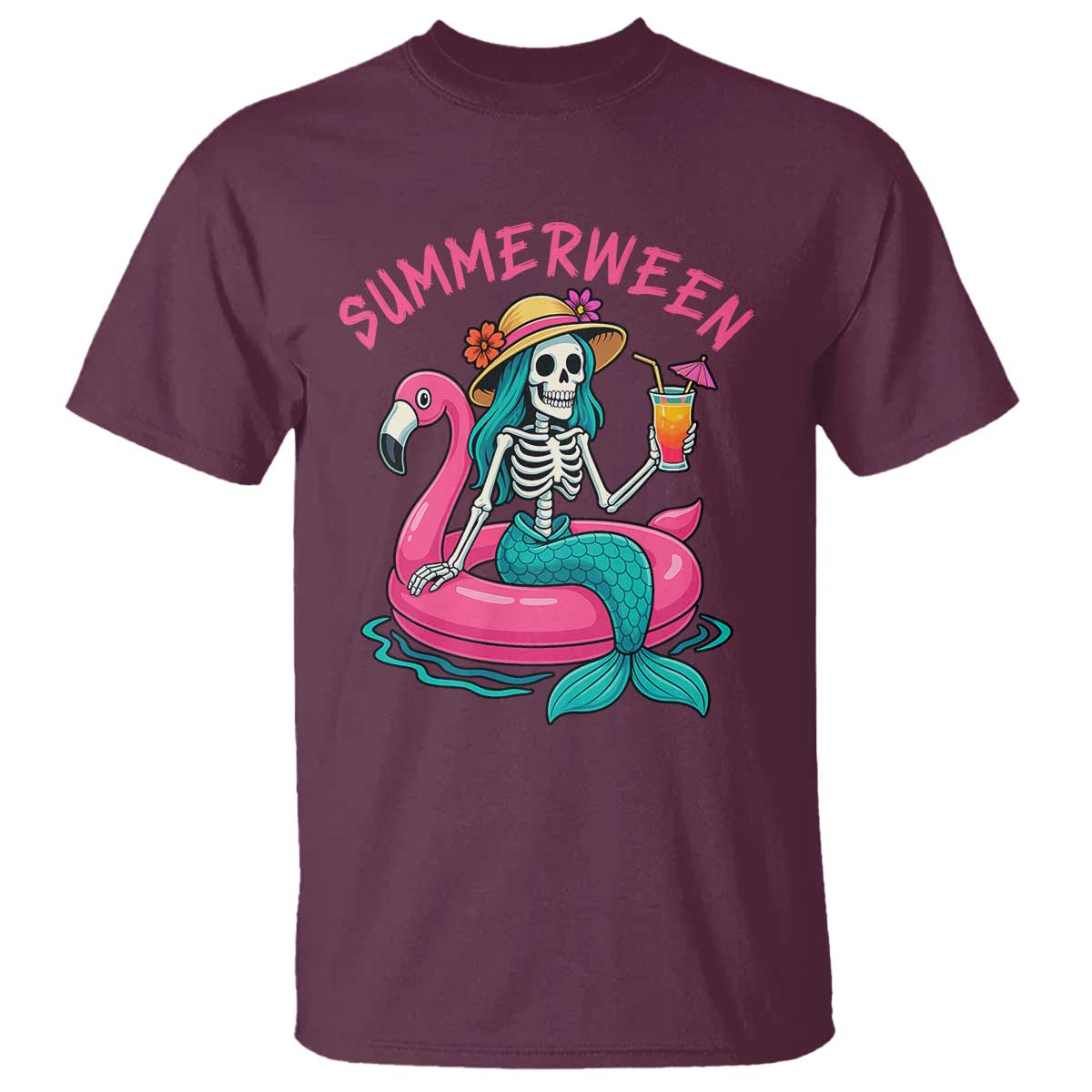 Summerween Skeleton Mermaid T Shirt Flamingo Float Funny Spooky Summer Halloween Vibes - Wonder Print Shop