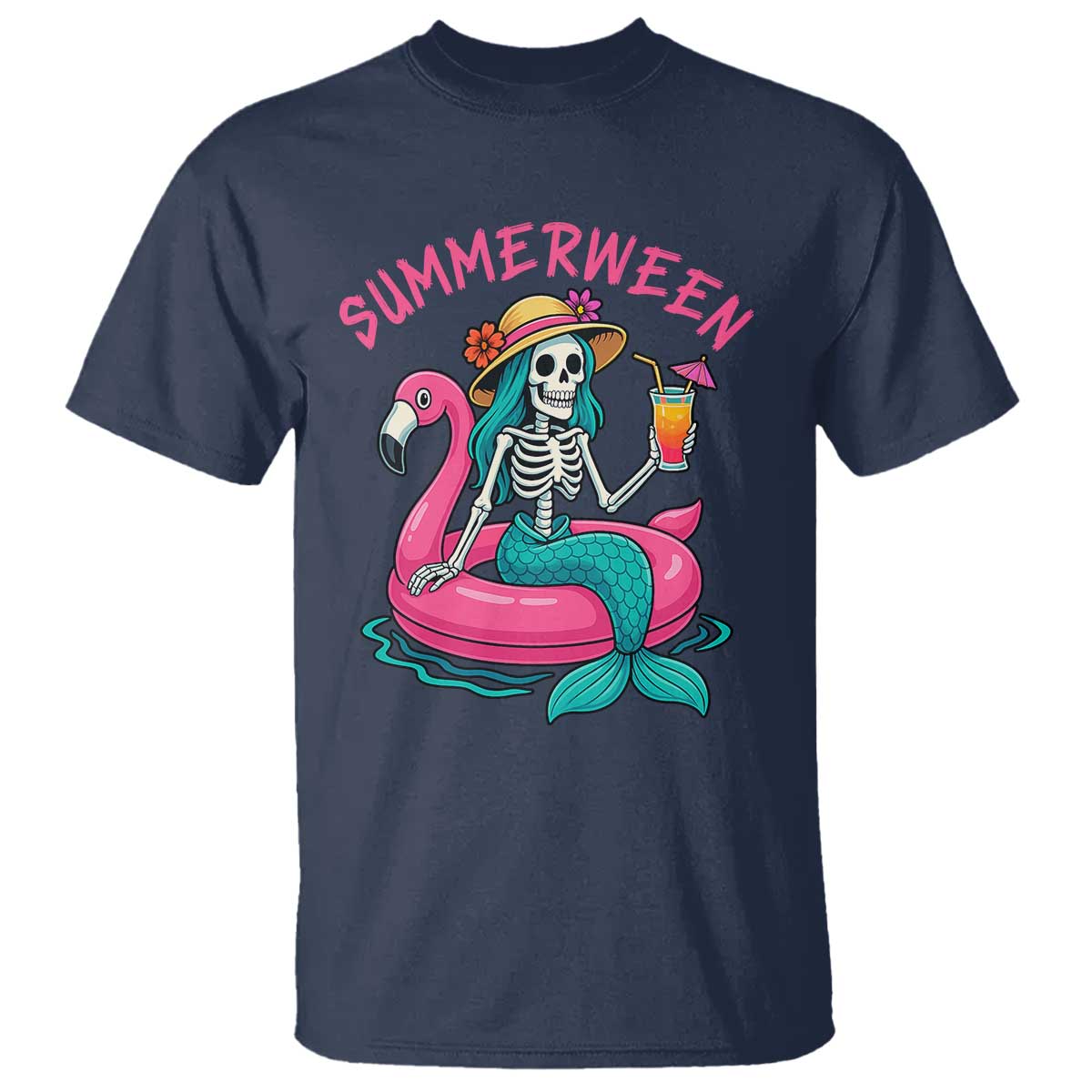 Summerween Skeleton Mermaid T Shirt Flamingo Float Funny Spooky Summer Halloween Vibes - Wonder Print Shop
