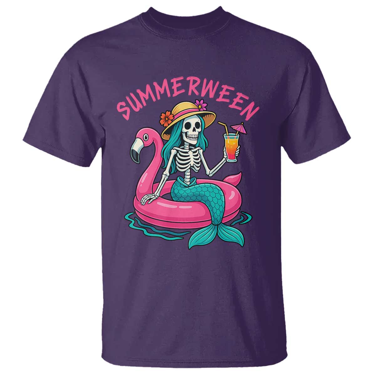 Summerween Skeleton Mermaid T Shirt Flamingo Float Funny Spooky Summer Halloween Vibes - Wonder Print Shop