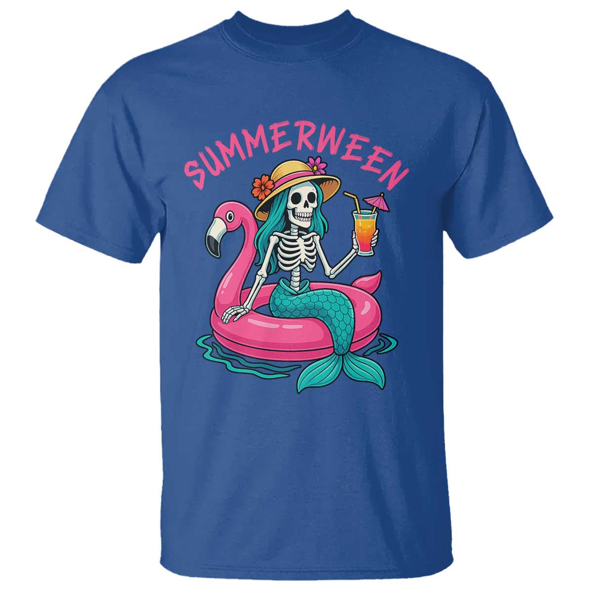 Summerween Skeleton Mermaid T Shirt Flamingo Float Funny Spooky Summer Halloween Vibes - Wonder Print Shop