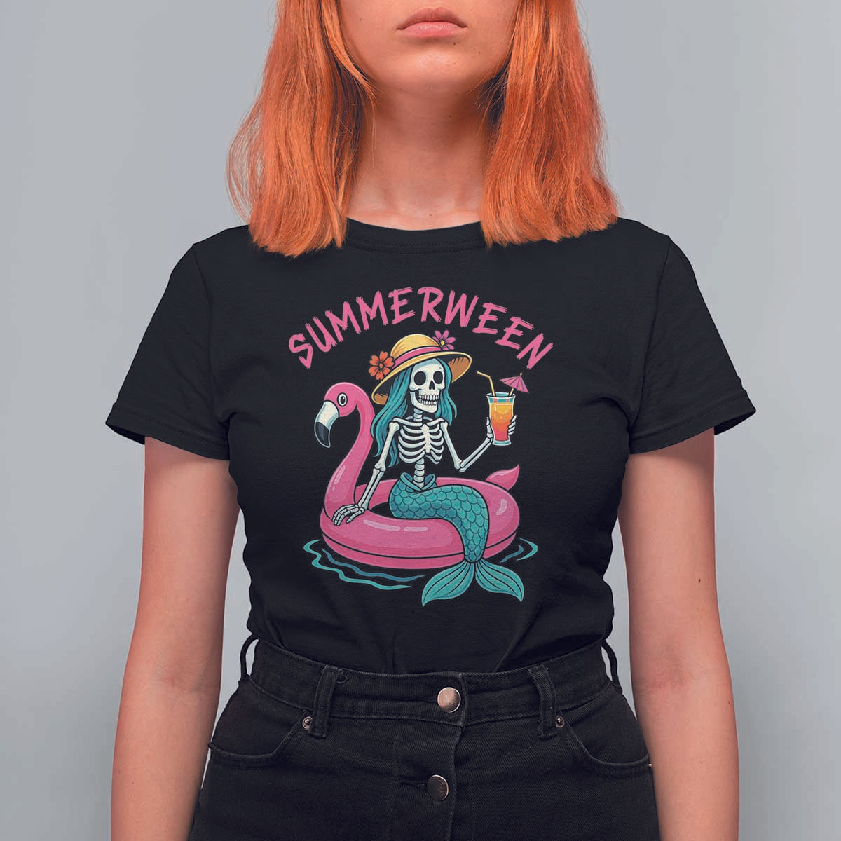 Summerween Skeleton Mermaid T Shirt For Women Flamingo Float Funny Spooky Summer Halloween Vibes - Wonder Print Shop