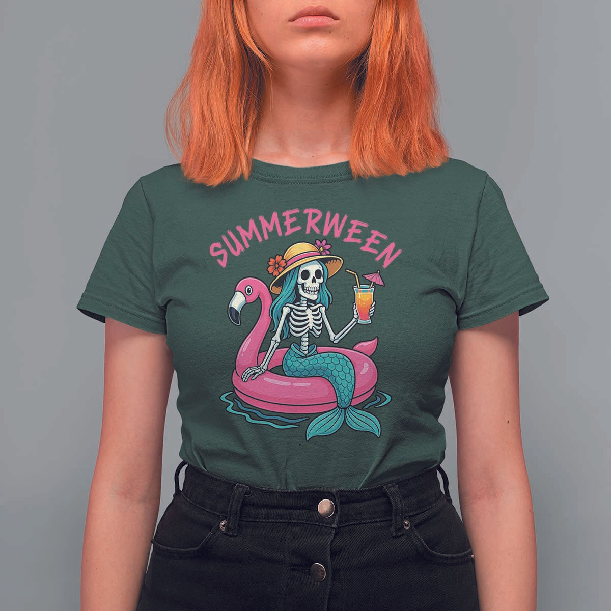 Summerween Skeleton Mermaid T Shirt For Women Flamingo Float Funny Spooky Summer Halloween Vibes - Wonder Print Shop