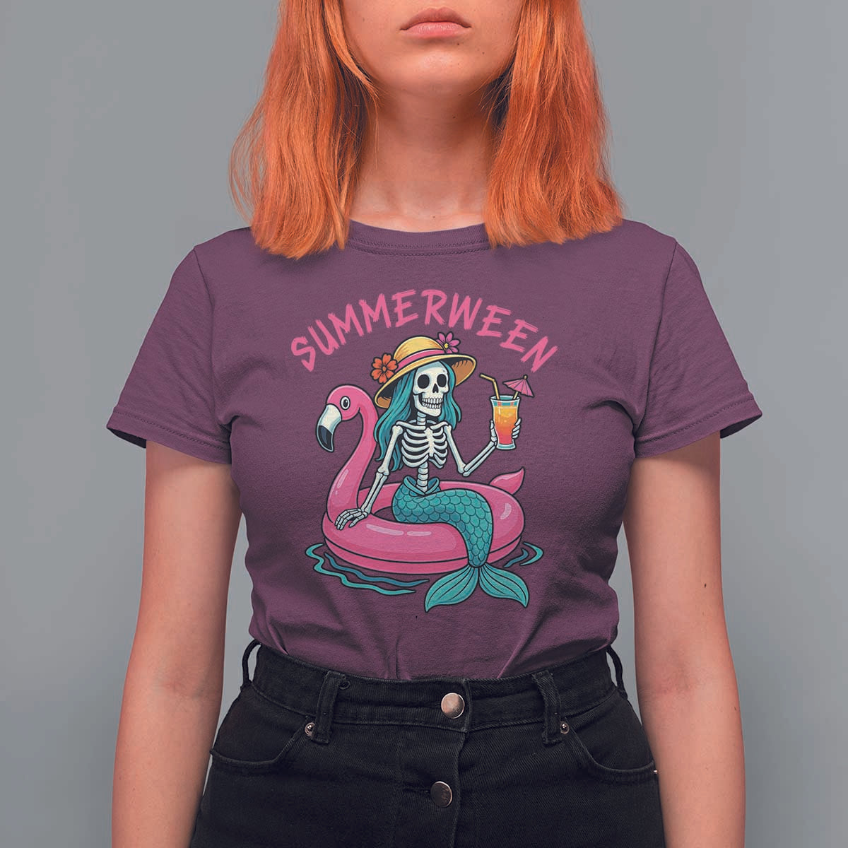 Summerween Skeleton Mermaid T Shirt For Women Flamingo Float Funny Spooky Summer Halloween Vibes - Wonder Print Shop