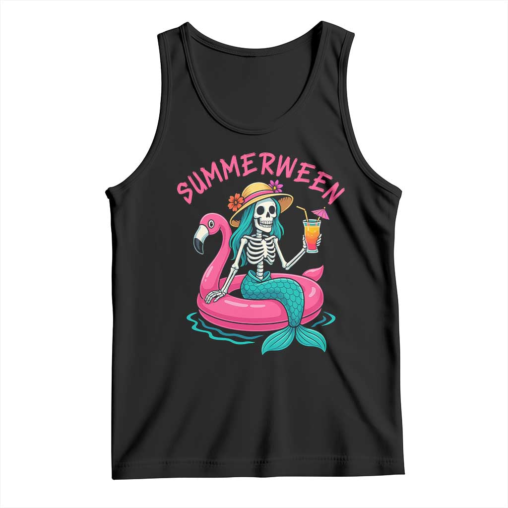 Summerween Skeleton Mermaid Tank Top Flamingo Float Funny Spooky Summer Halloween Vibes - Wonder Print Shop