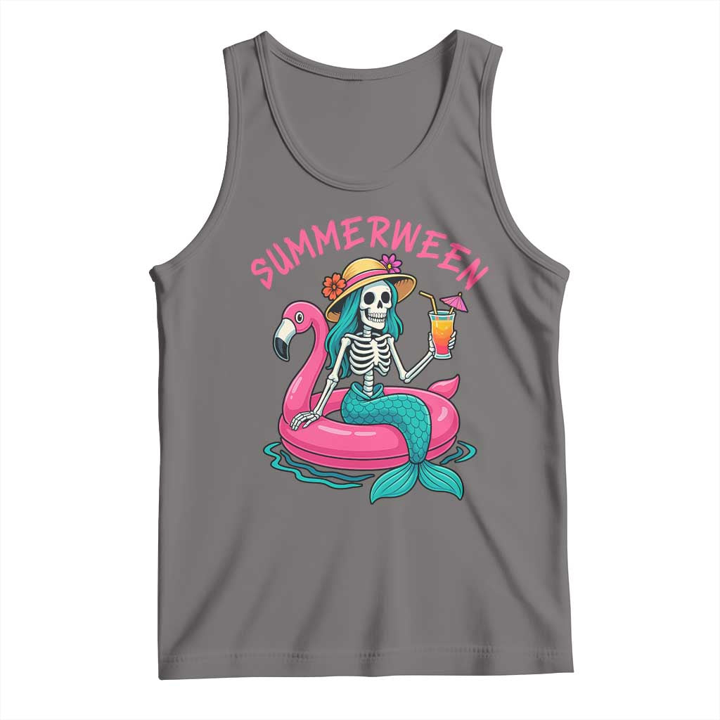 Summerween Skeleton Mermaid Tank Top Flamingo Float Funny Spooky Summer Halloween Vibes - Wonder Print Shop