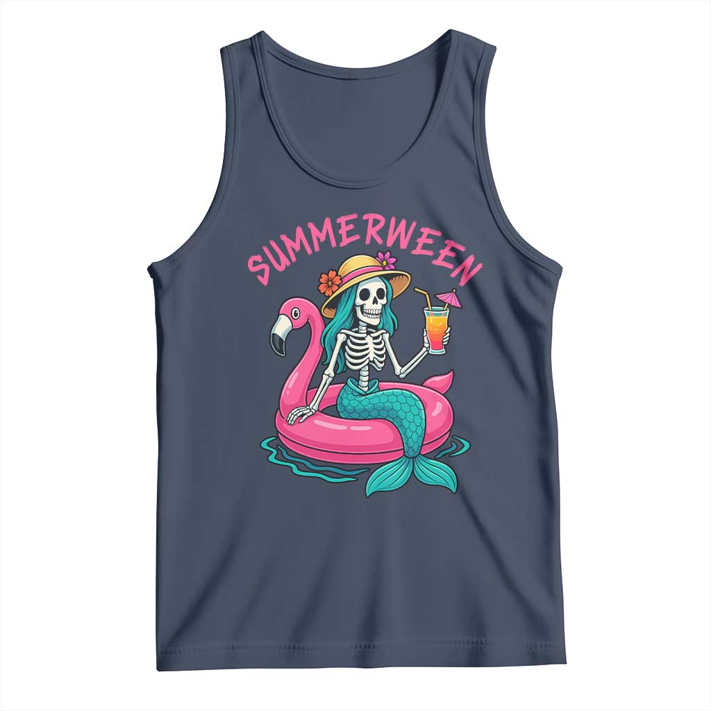 Summerween Skeleton Mermaid Tank Top Flamingo Float Funny Spooky Summer Halloween Vibes - Wonder Print Shop