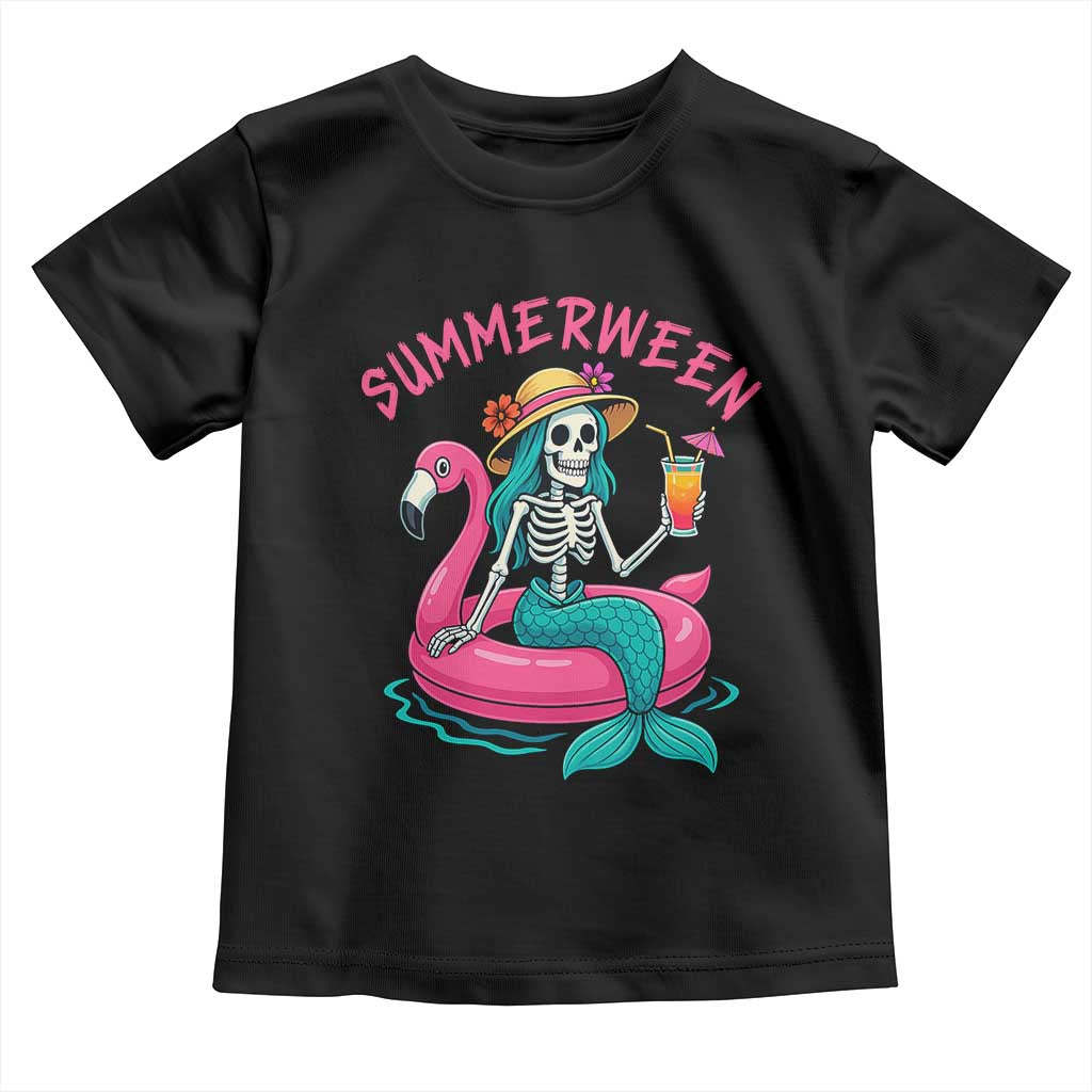 Summerween Skeleton Mermaid Toddler T Shirt Flamingo Float Funny Spooky Summer Halloween Vibes - Wonder Print Shop