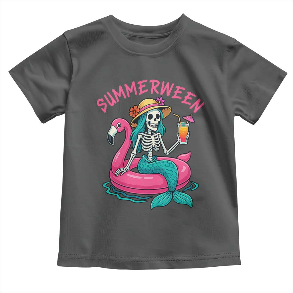 Summerween Skeleton Mermaid Toddler T Shirt Flamingo Float Funny Spooky Summer Halloween Vibes - Wonder Print Shop