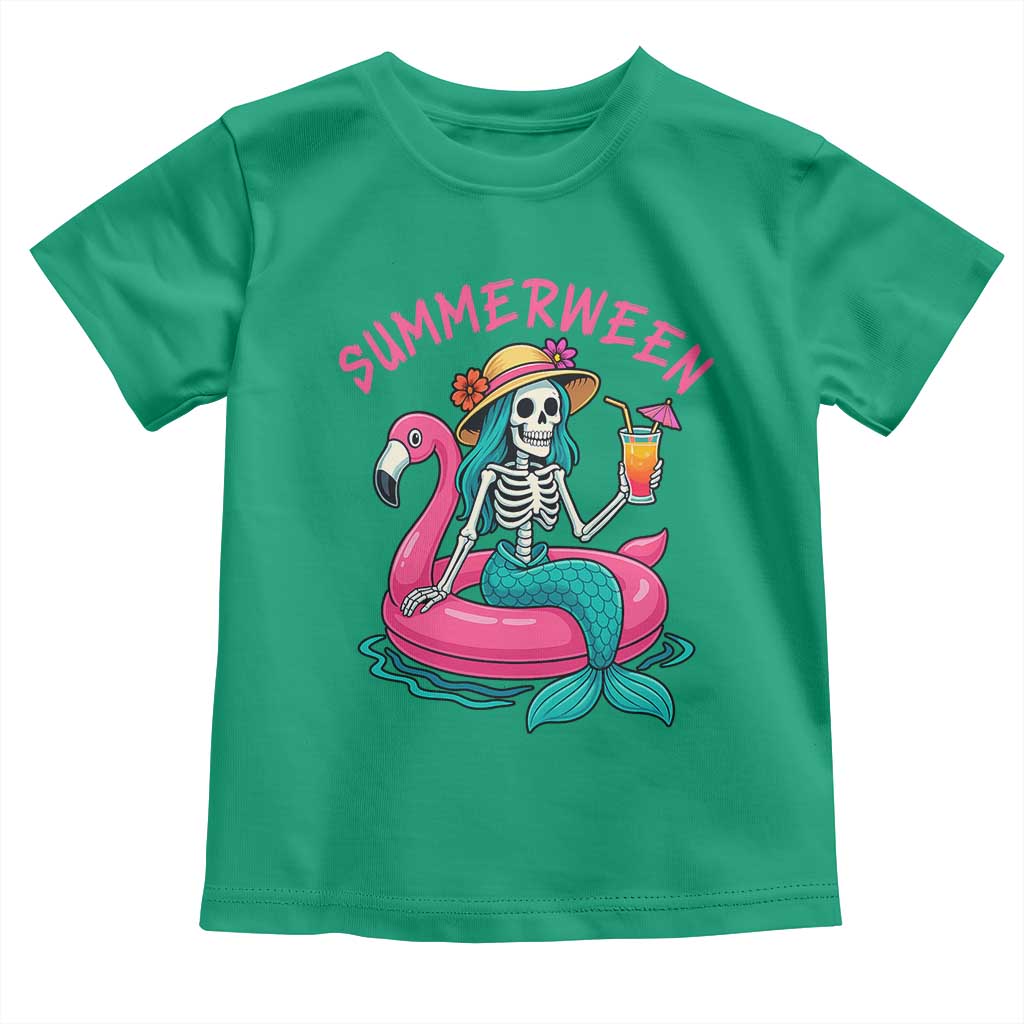 Summerween Skeleton Mermaid Toddler T Shirt Flamingo Float Funny Spooky Summer Halloween Vibes - Wonder Print Shop