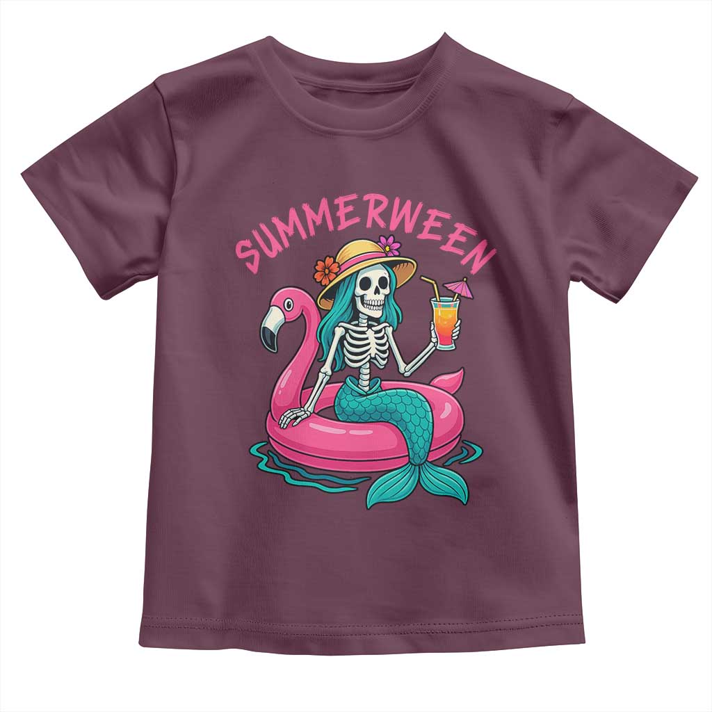 Summerween Skeleton Mermaid Toddler T Shirt Flamingo Float Funny Spooky Summer Halloween Vibes - Wonder Print Shop