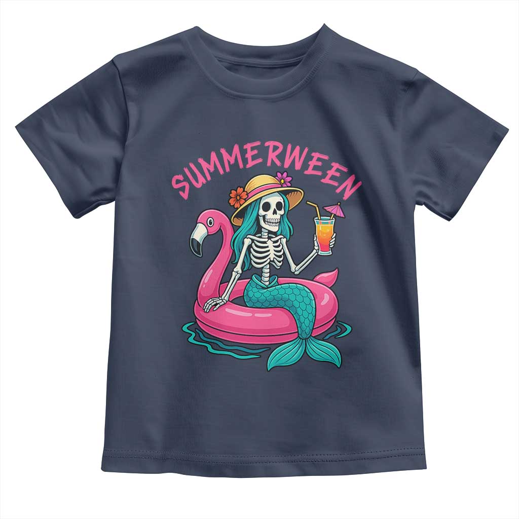 Summerween Skeleton Mermaid Toddler T Shirt Flamingo Float Funny Spooky Summer Halloween Vibes - Wonder Print Shop