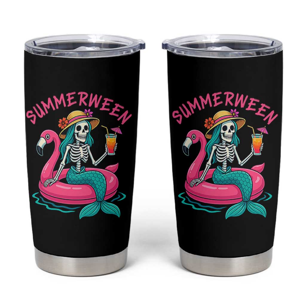 Summerween Skeleton Mermaid Tumbler Cup Flamingo Float Funny Spooky Summer Halloween Vibes - Wonder Print Shop