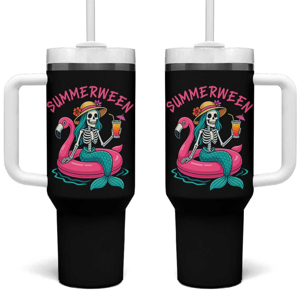 Summerween Skeleton Mermaid Tumbler With Handle Flamingo Float Funny Spooky Summer Halloween Vibes - Wonder Print Shop