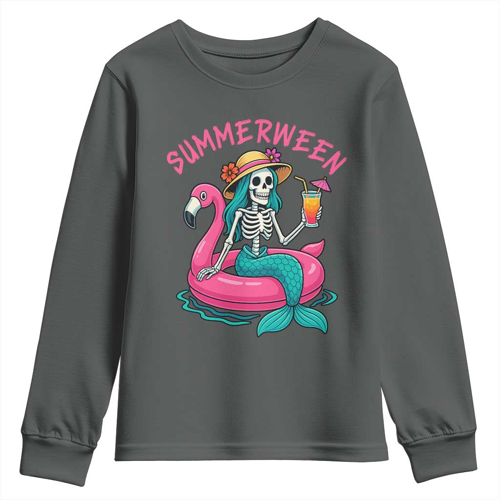 Summerween Skeleton Mermaid Youth Sweatshirt Flamingo Float Funny Spooky Summer Halloween Vibes - Wonder Print Shop