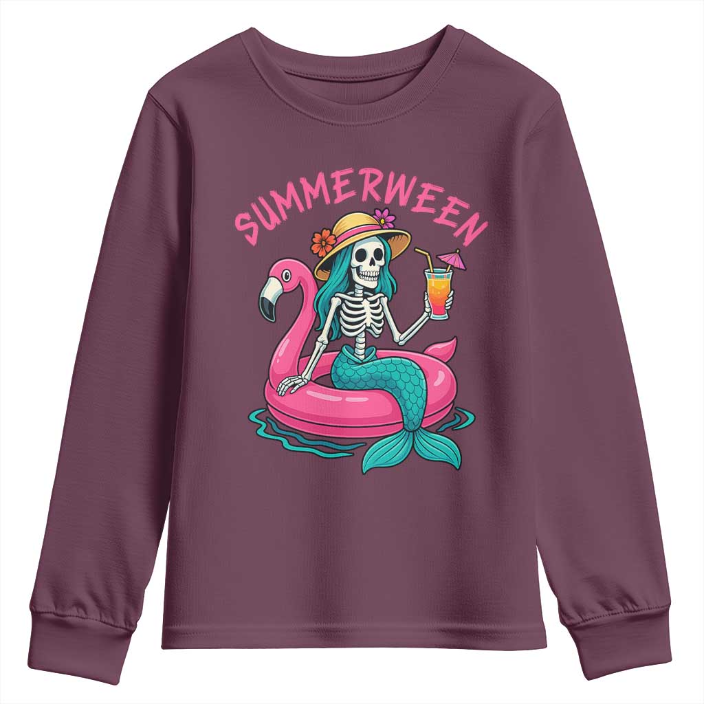 Summerween Skeleton Mermaid Youth Sweatshirt Flamingo Float Funny Spooky Summer Halloween Vibes - Wonder Print Shop