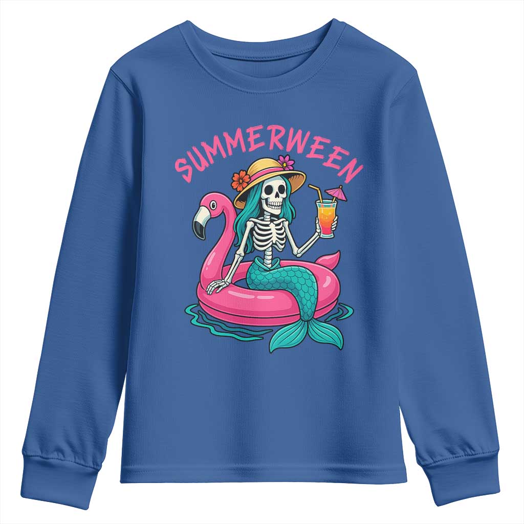 Summerween Skeleton Mermaid Youth Sweatshirt Flamingo Float Funny Spooky Summer Halloween Vibes - Wonder Print Shop