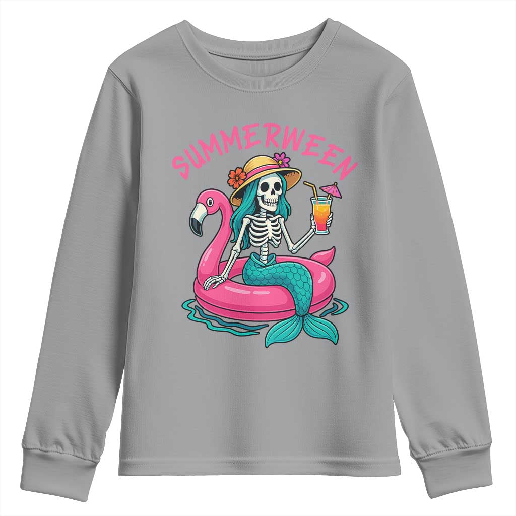 Summerween Skeleton Mermaid Youth Sweatshirt Flamingo Float Funny Spooky Summer Halloween Vibes - Wonder Print Shop
