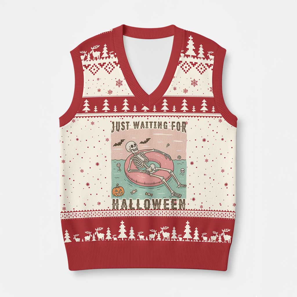 Spooky Summer Skeleton V-Neck Knit Sweater Vest Just Waiting For Halloween Summer Pool Party - Wonder Print Shop