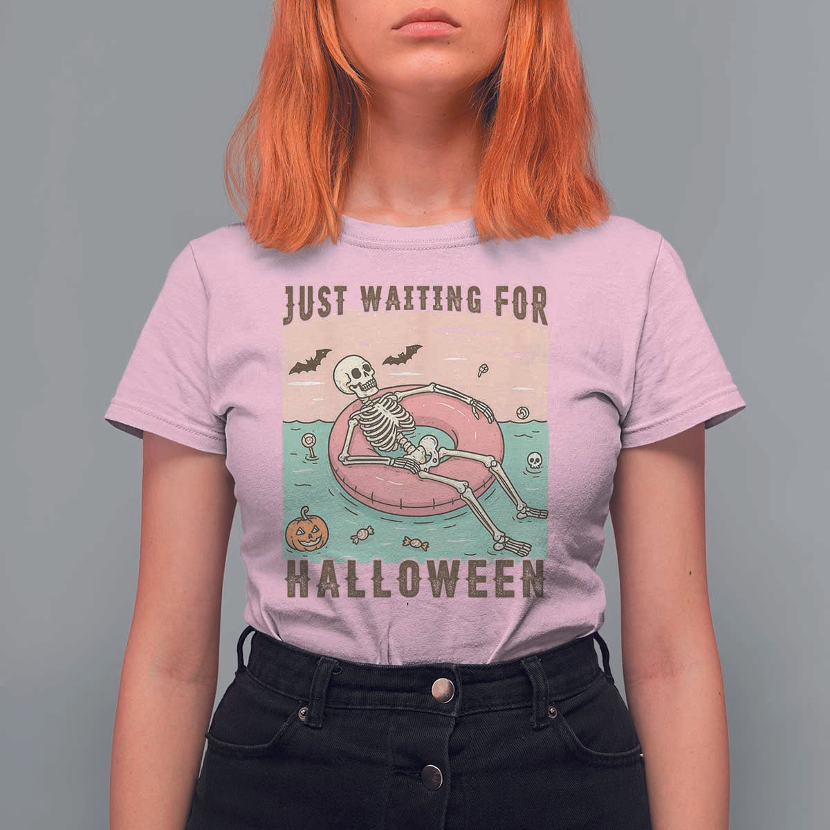 Spooky Summer Skeleton T Shirt For Women Just Waiting For Halloween Summer Pool Party - Wonder Print Shop