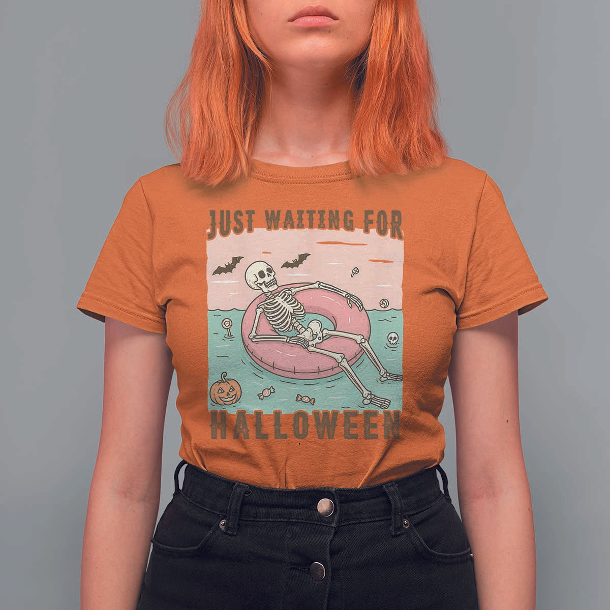 Spooky Summer Skeleton T Shirt For Women Just Waiting For Halloween Summer Pool Party - Wonder Print Shop