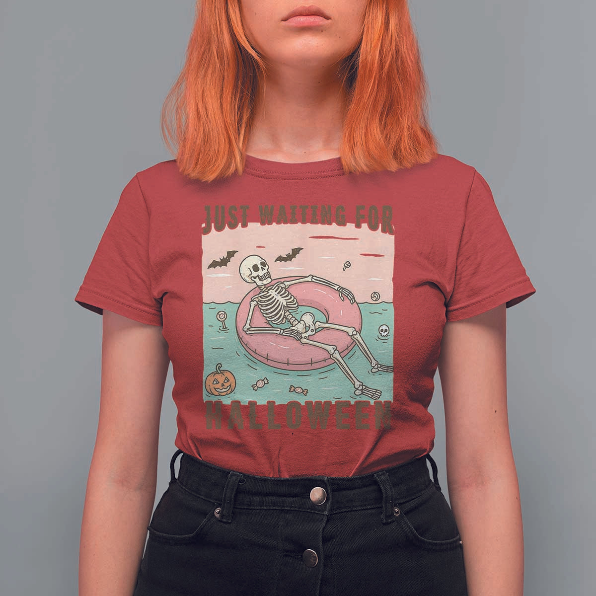 Spooky Summer Skeleton T Shirt For Women Just Waiting For Halloween Summer Pool Party - Wonder Print Shop
