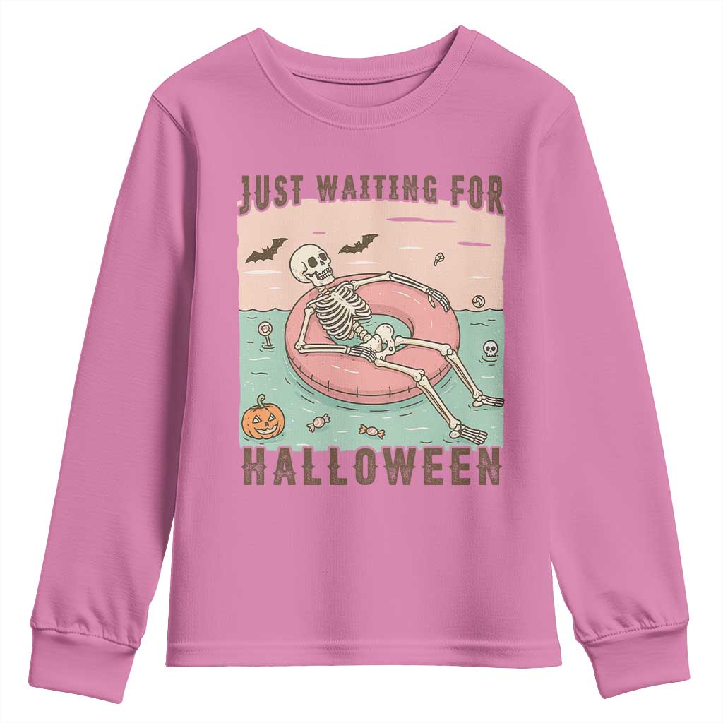 Spooky Summer Skeleton Youth Sweatshirt Just Waiting For Halloween Summer Pool Party - Wonder Print Shop