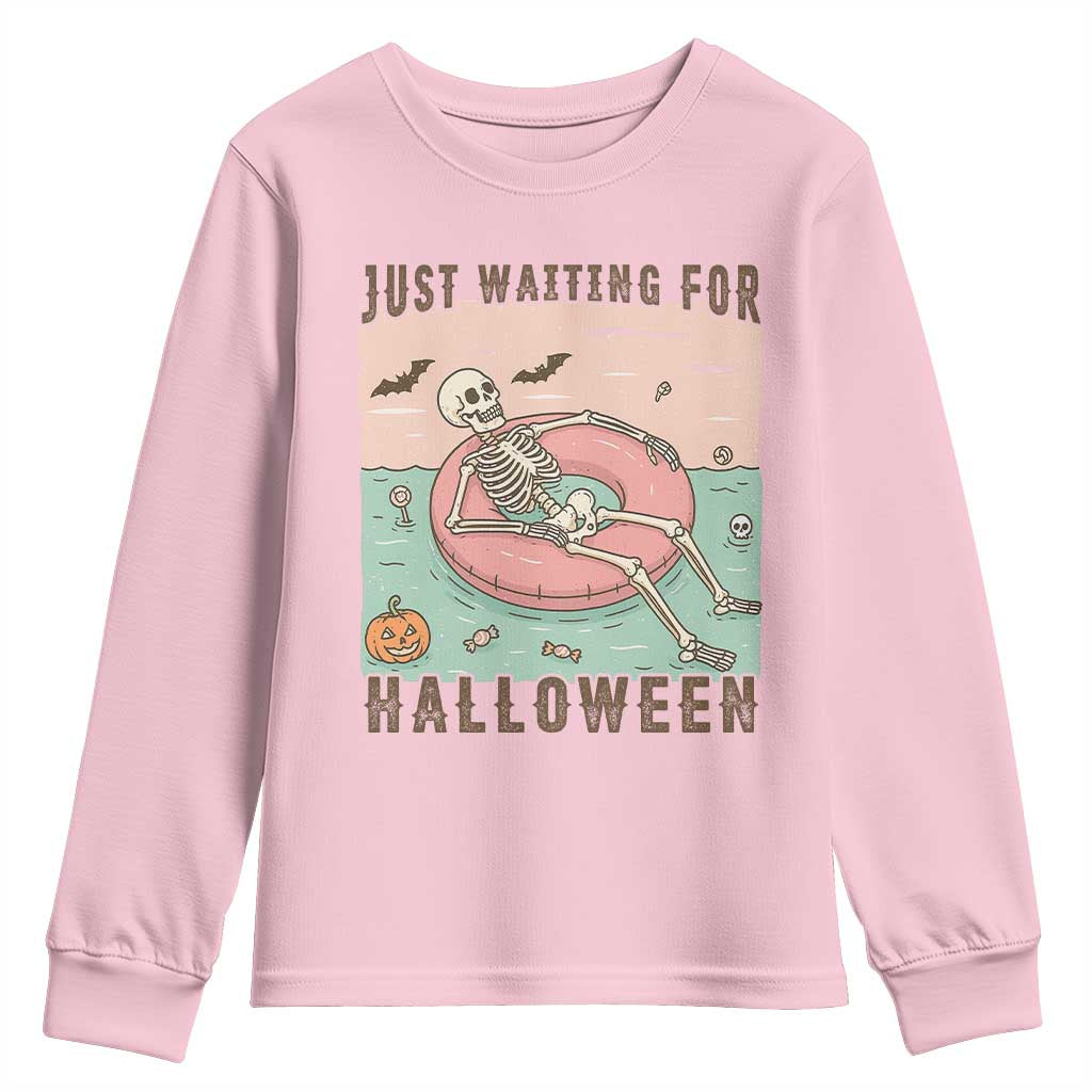 Spooky Summer Skeleton Youth Sweatshirt Just Waiting For Halloween Summer Pool Party - Wonder Print Shop