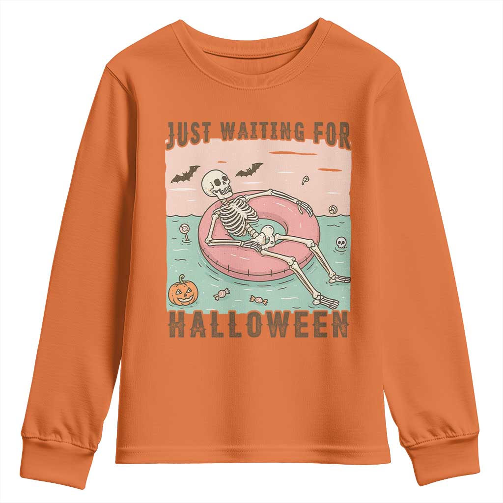 Spooky Summer Skeleton Youth Sweatshirt Just Waiting For Halloween Summer Pool Party - Wonder Print Shop