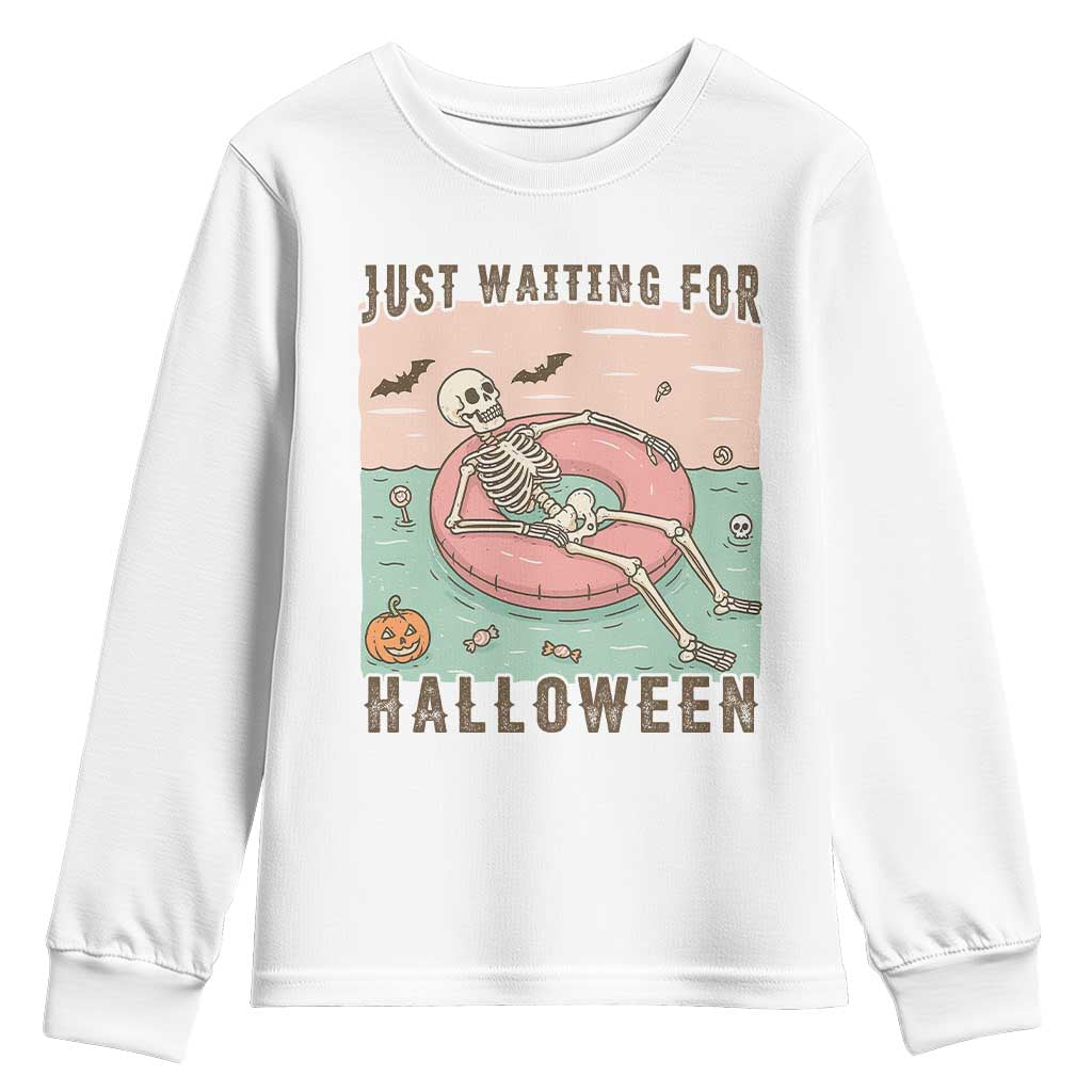 Spooky Summer Skeleton Youth Sweatshirt Just Waiting For Halloween Summer Pool Party - Wonder Print Shop