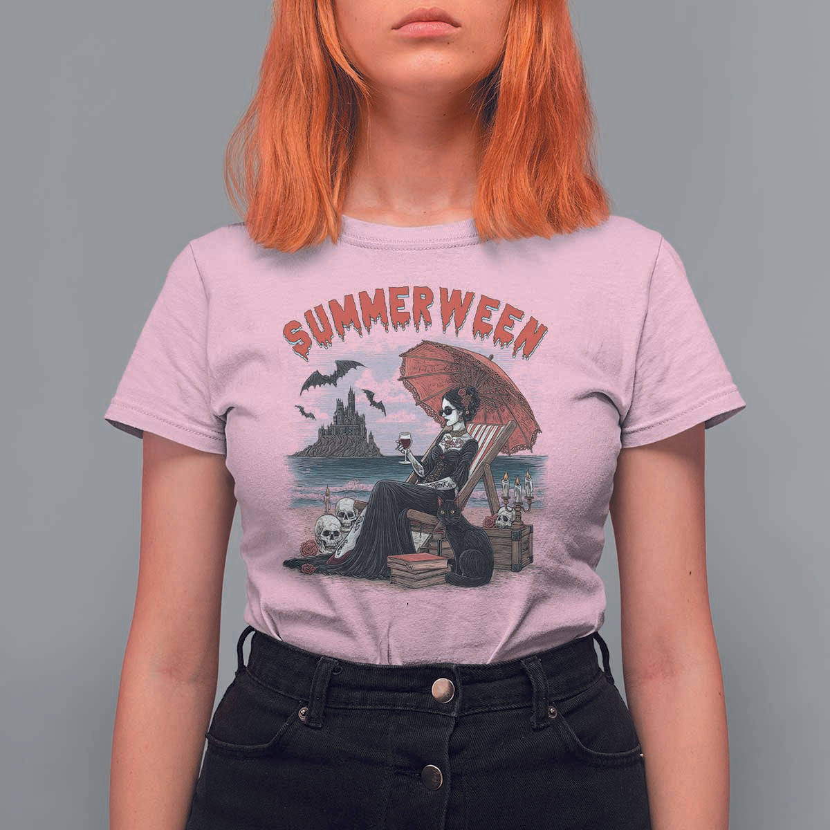 Gothic Summerween T Shirt For Women Spooky Summer Halloween Horror Character - Wonder Print Shop