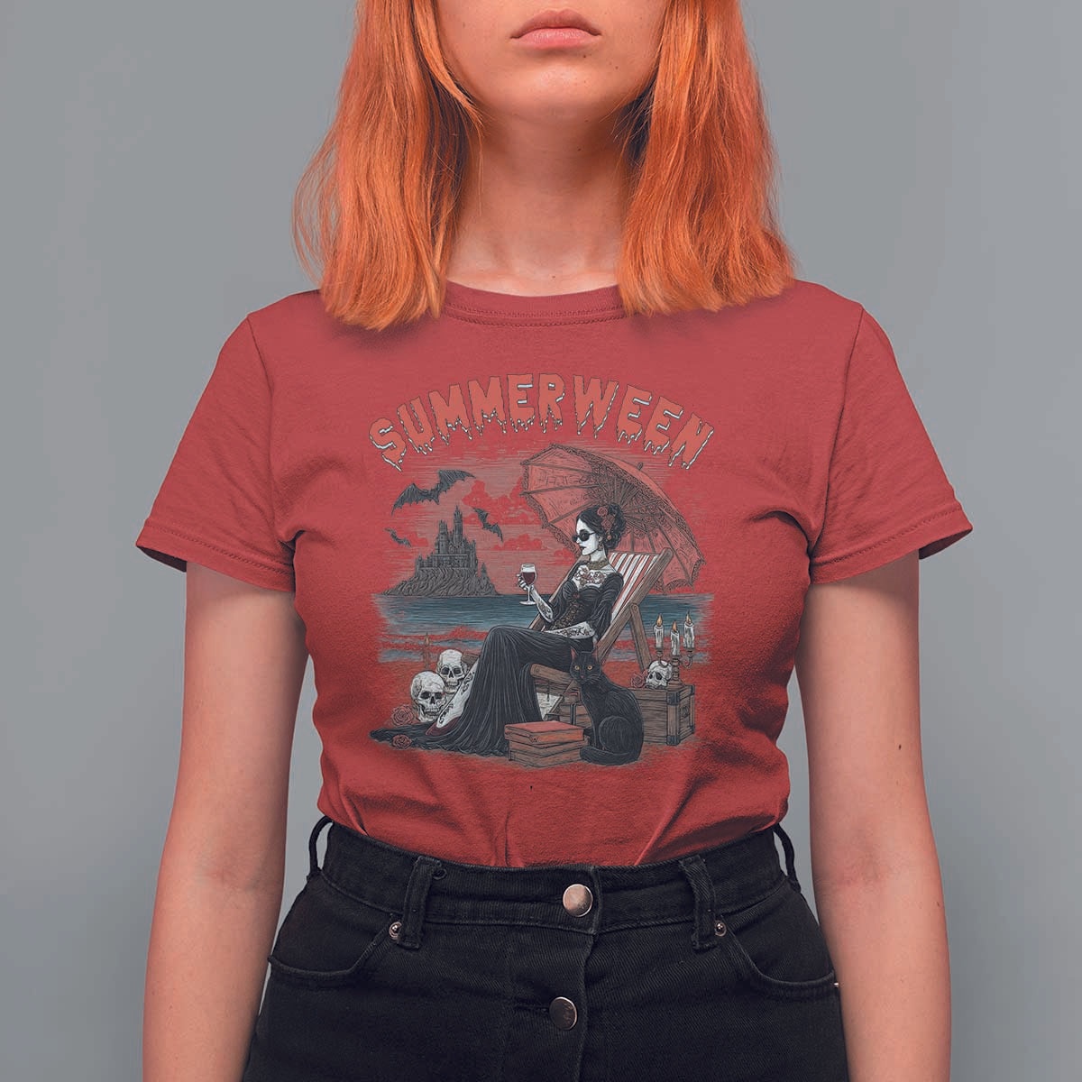Gothic Summerween T Shirt For Women Spooky Summer Halloween Horror Character - Wonder Print Shop