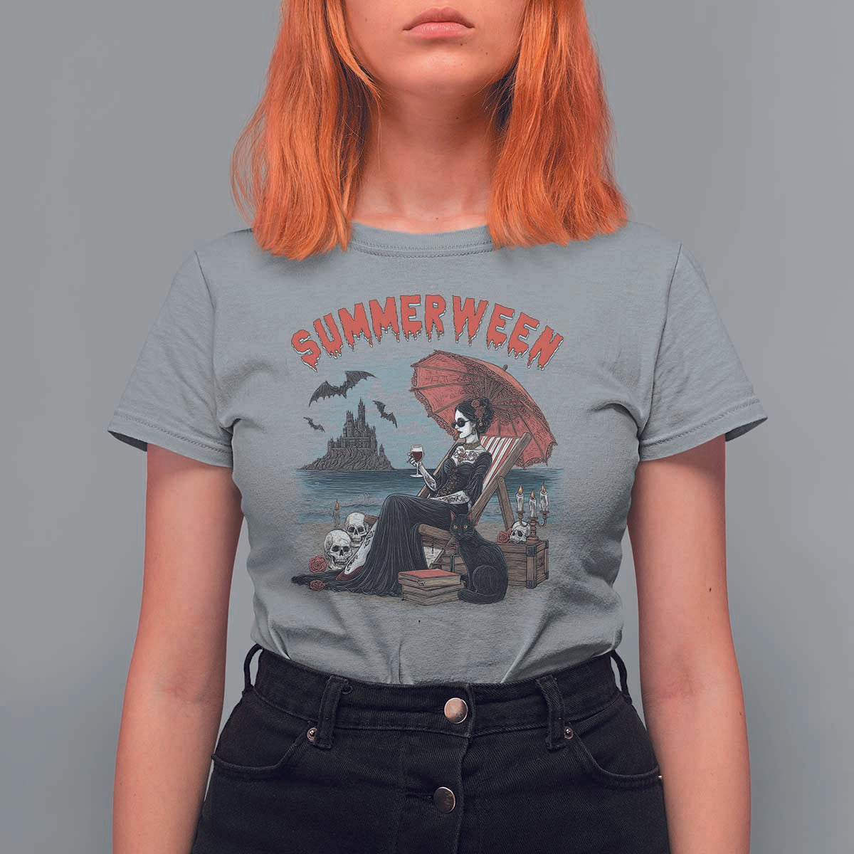 Gothic Summerween T Shirt For Women Spooky Summer Halloween Horror Character - Wonder Print Shop