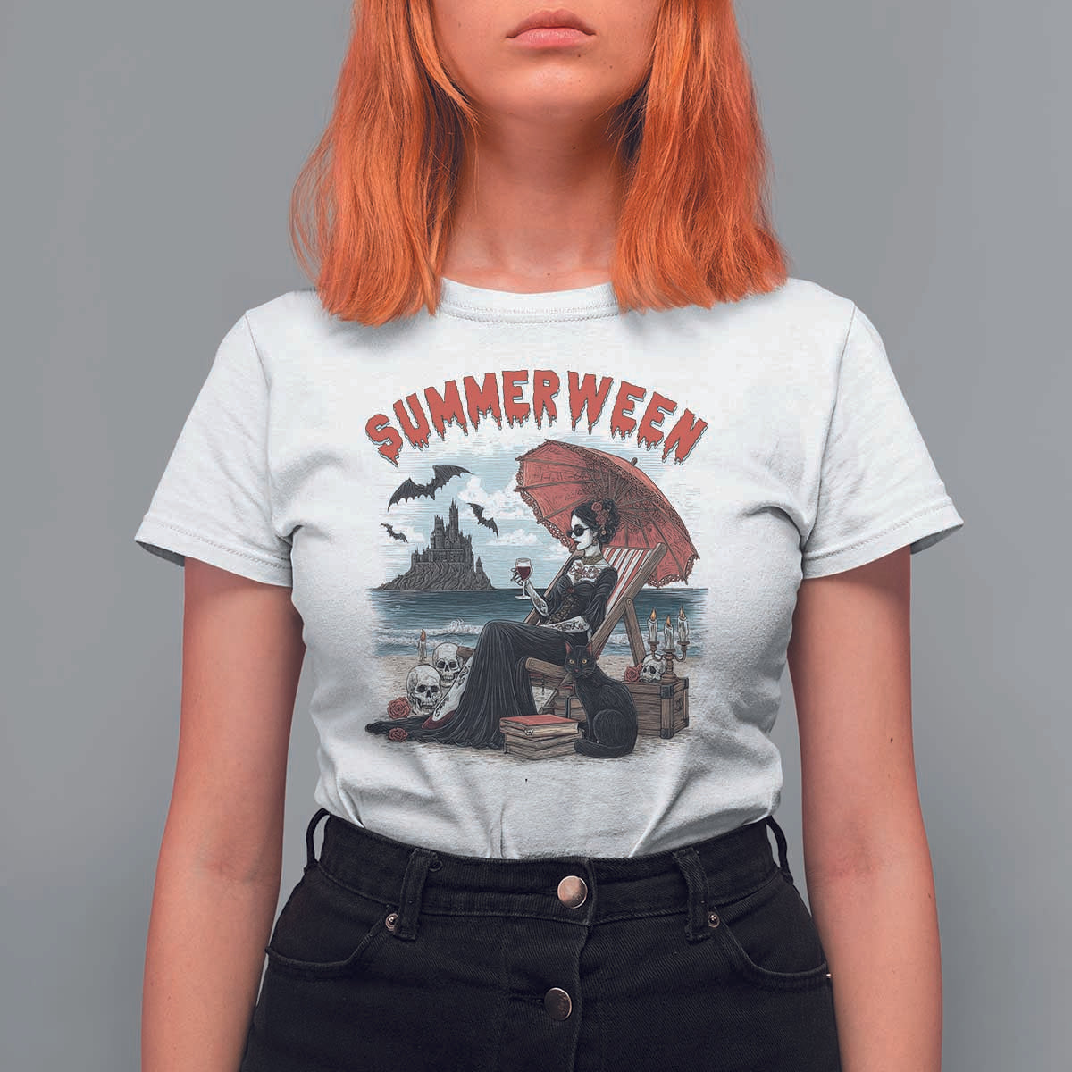 Gothic Summerween T Shirt For Women Spooky Summer Halloween Horror Character - Wonder Print Shop