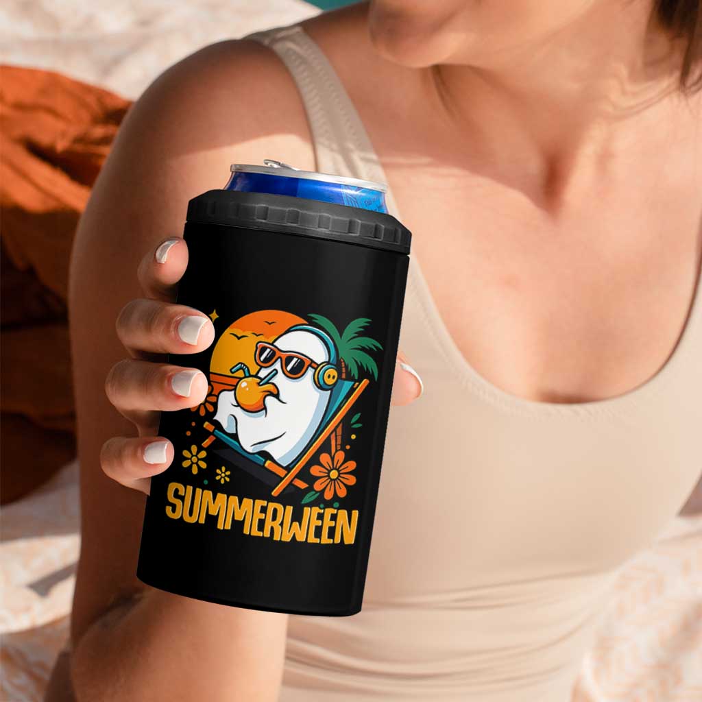 Tropical Summerween Boo Sheet 4 in 1 Can Cooler Tumbler Funny Ghost Halloween Summer Beach Vibes - Wonder Print Shop