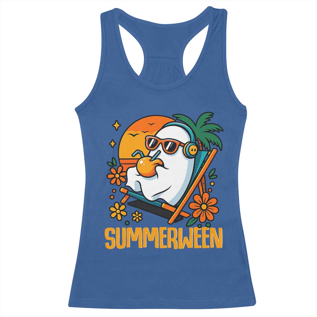 Tropical Summerween Boo Sheet Racerback Tank Top Funny Ghost Halloween Summer Beach Vibes - Wonder Print Shop