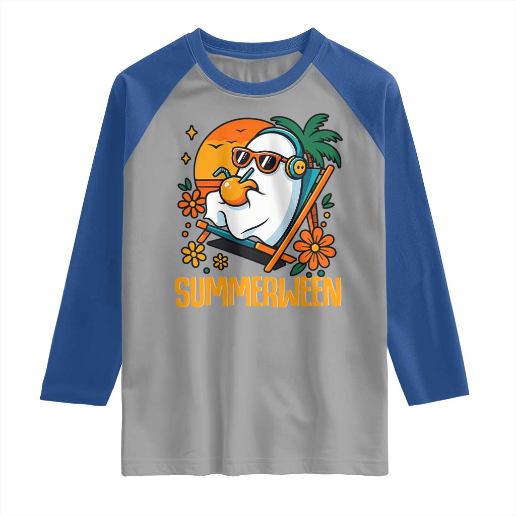 Tropical Summerween Boo Sheet Raglan Shirt Funny Ghost Halloween Summer Beach Vibes - Wonder Print Shop