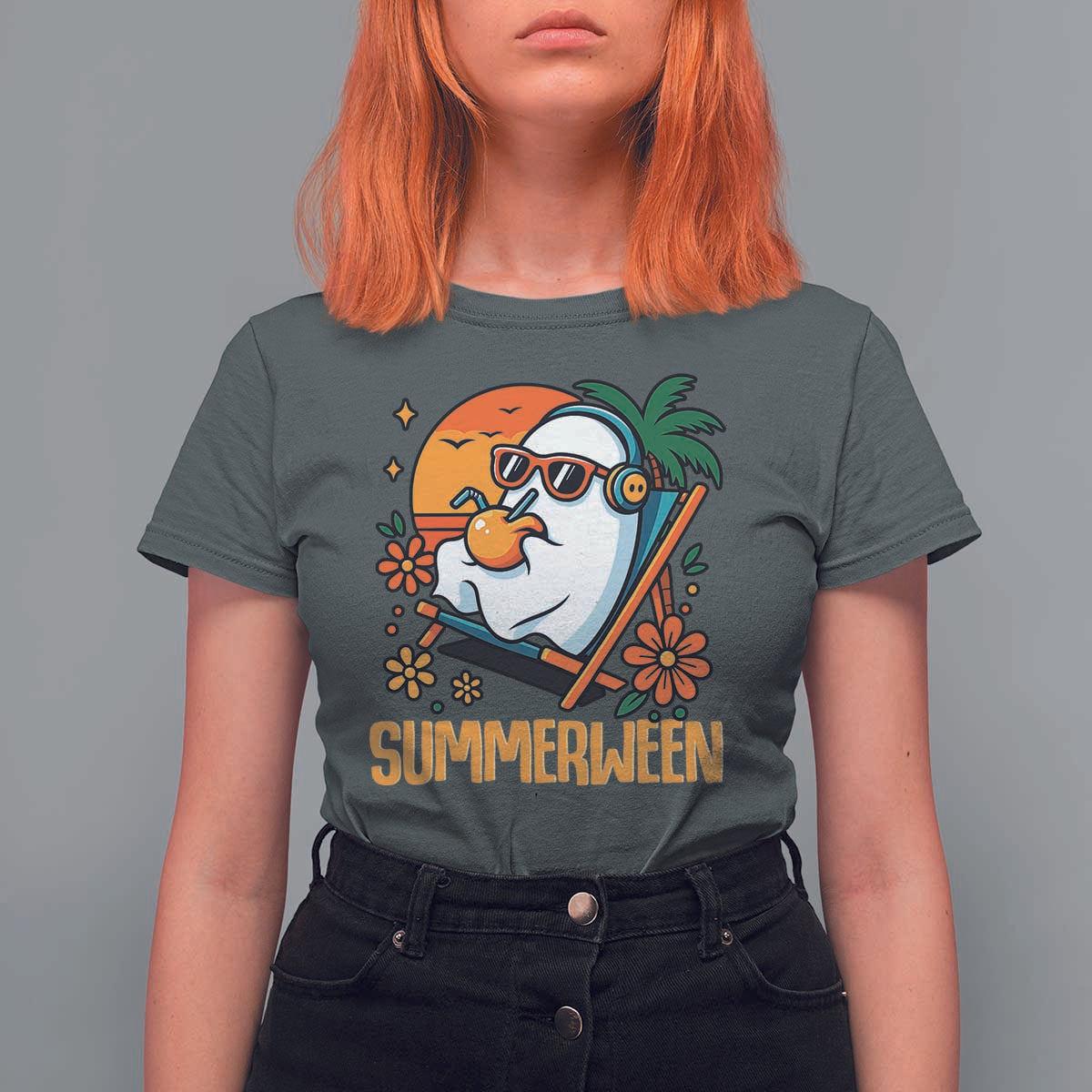 Tropical Summerween Boo Sheet T Shirt For Women Funny Ghost Halloween Summer Beach Vibes - Wonder Print Shop