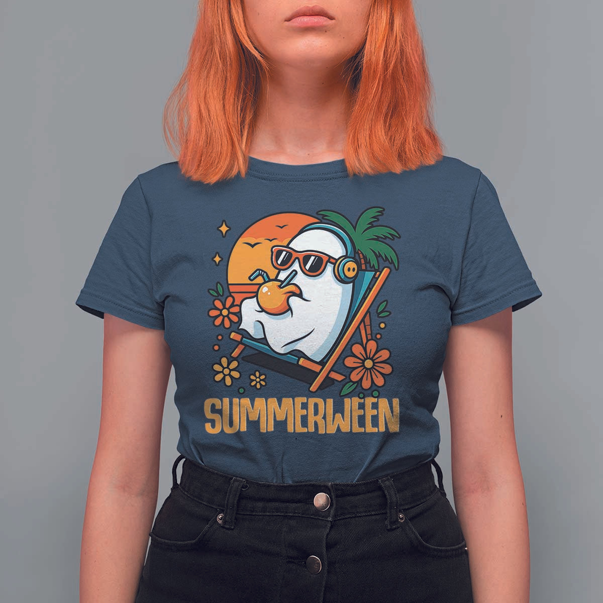 Tropical Summerween Boo Sheet T Shirt For Women Funny Ghost Halloween Summer Beach Vibes - Wonder Print Shop