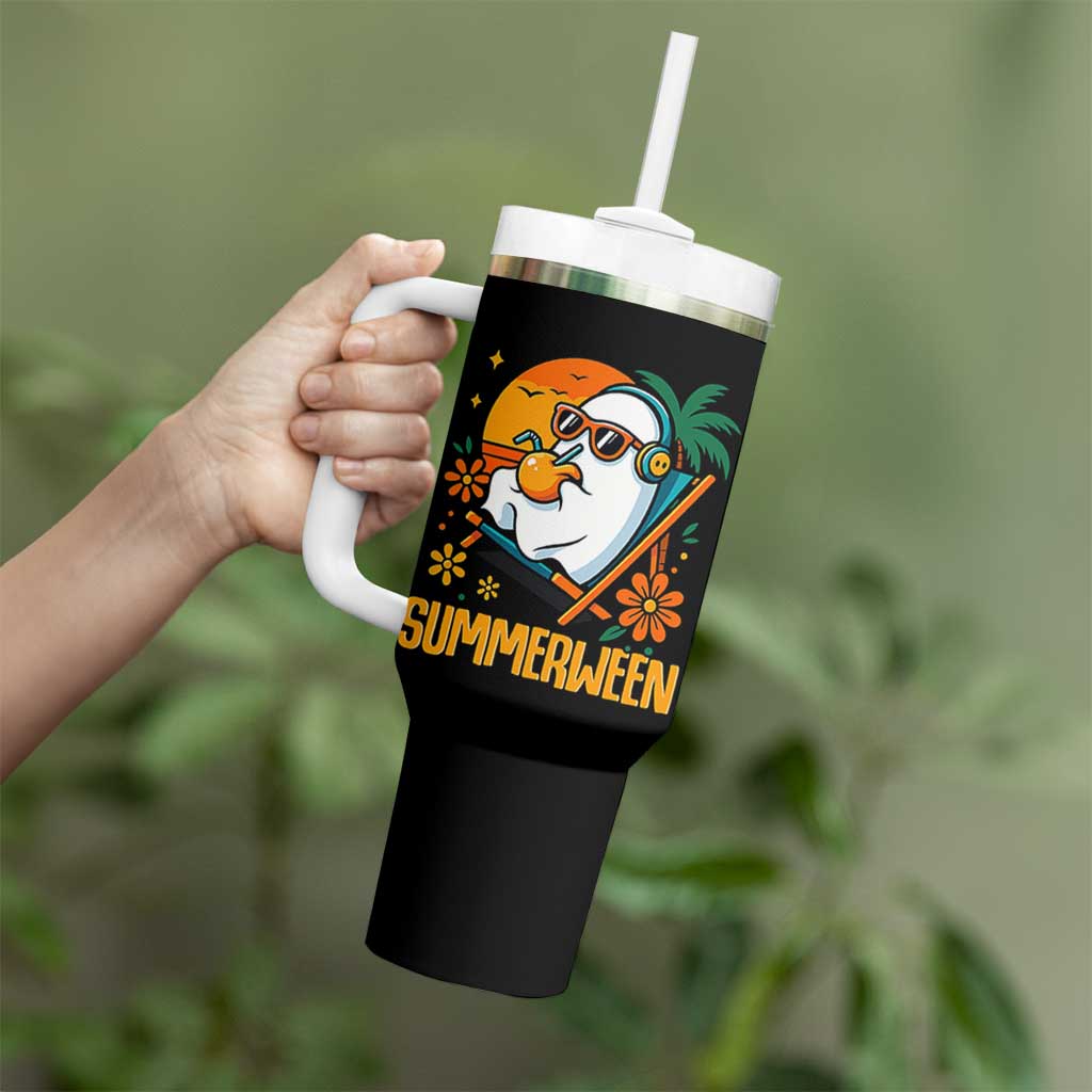 Tropical Summerween Boo Sheet Tumbler With Handle Funny Ghost Halloween Summer Beach Vibes - Wonder Print Shop