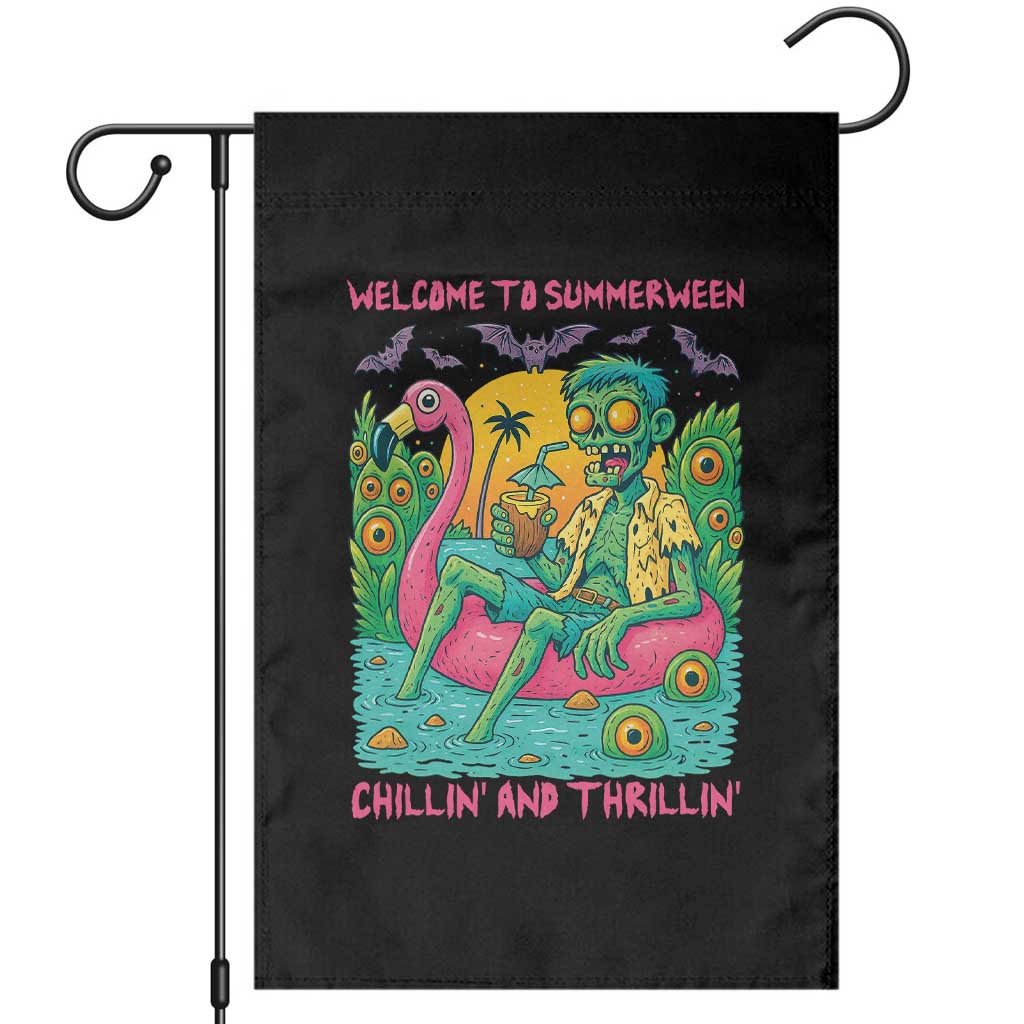 Summerween Zombie Pool Party Garden Flag Chillin and Thrillin Flamingo Float Summer Halloween