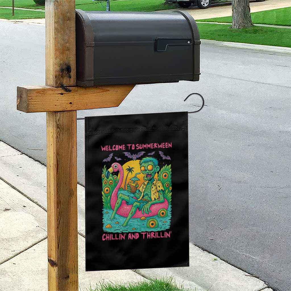 Summerween Zombie Pool Party Garden Flag Chillin and Thrillin Flamingo Float Summer Halloween